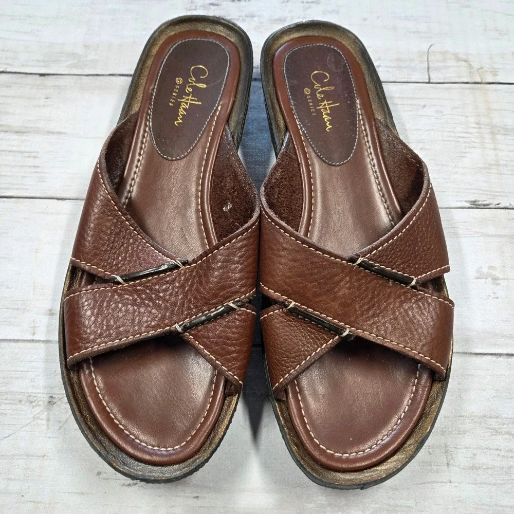 Cole Haan G Series Sandals Women‎ 8B Brown Leather Wedge Slides D23881